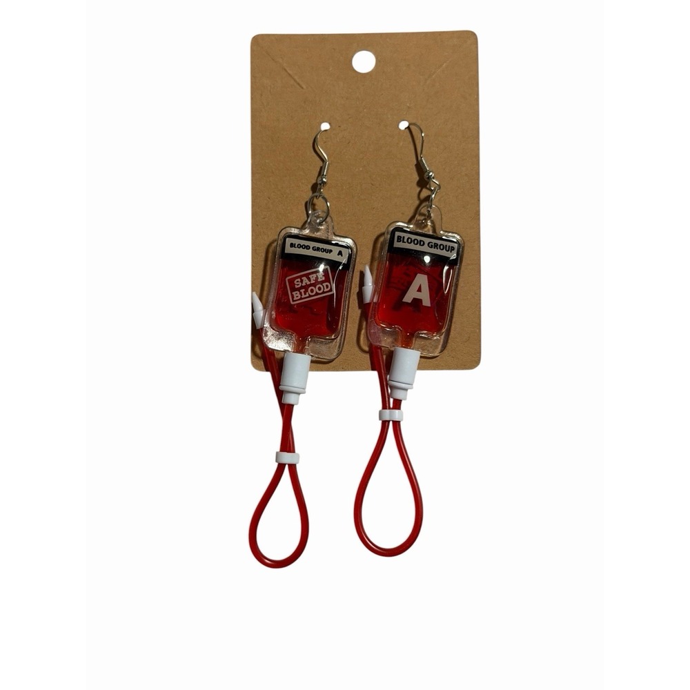 Blood Bag IV Drip Earrings Red Novelty Medical Goth Halloween Jewelry Group A